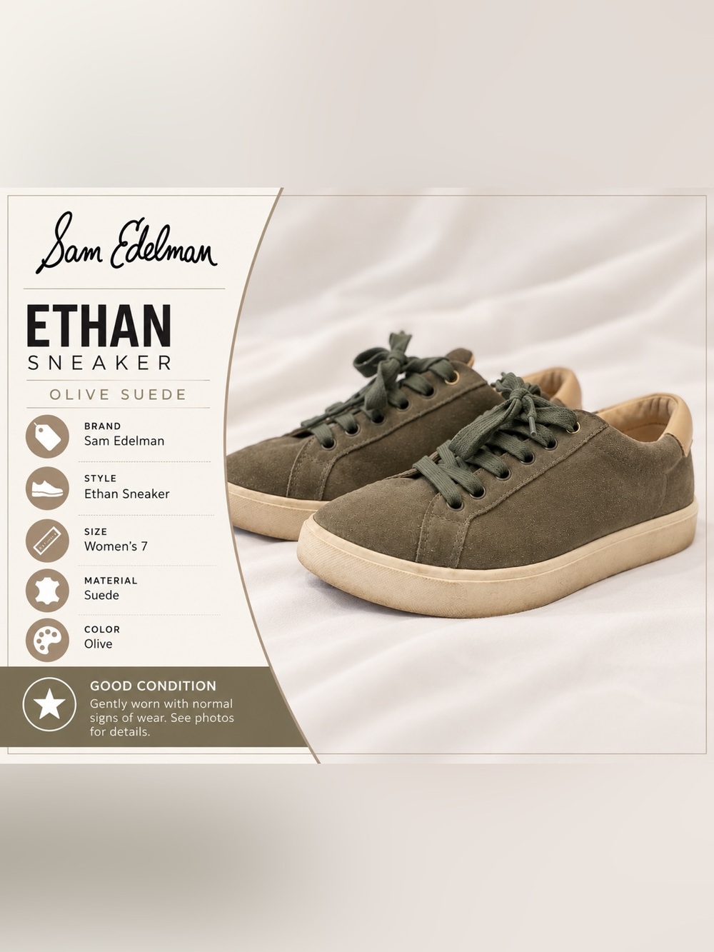 Sam Edelman Ethan Olive Suede Sneakers Womenβs Size 7